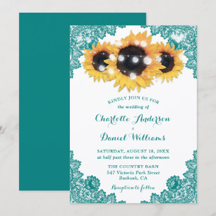 Teal Sunflower Floral Lace Wedding Invitation