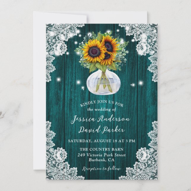 Teal Sunflower Mason Jar Floral Lace Wood Wedding Invitation (Front)