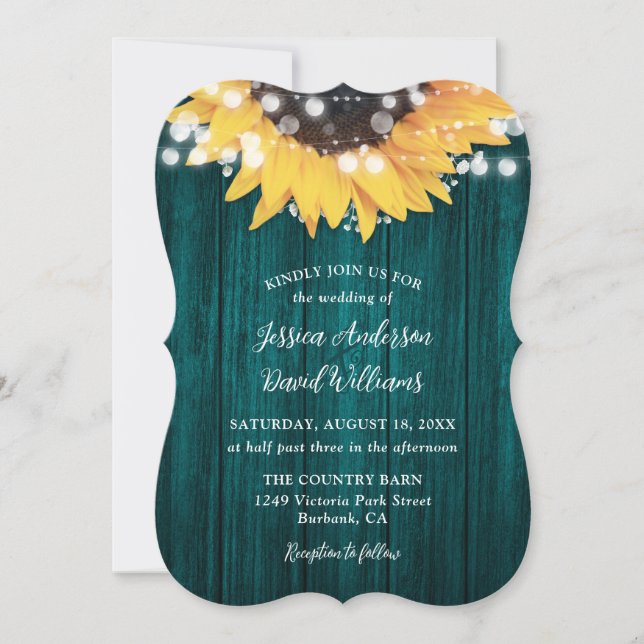 Teal Sunflower Rustic Barn Wood Wedding Invitation (Front)