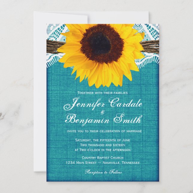 Teal Sunflower Rustic Country Wedding Invites (Front)