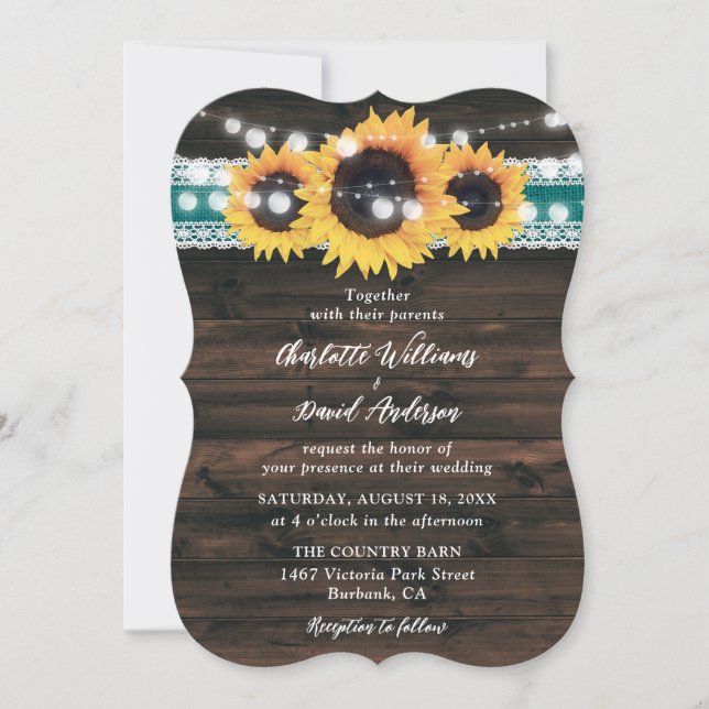 Teal Sunflower Rustic Wood String Lights Wedding Invitation (Front)