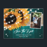 Teal Sunflower Save The Date Photo Postcards<br><div class="desc">These rustic wedding save the date photo postcards featuring sunflowers on burlap and lace runner against a barn wood background are ideal for a teal rustic wedding party inspired by sunflowers.</div>