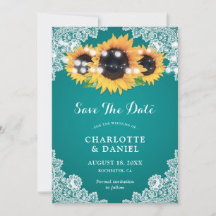 Teal Sunflower String Lights Rustic Floral Lace Save The Date