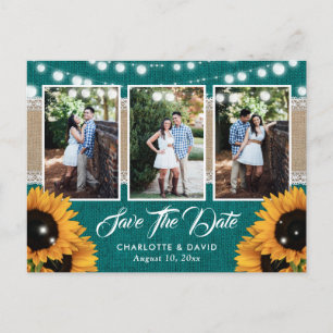 Teal Sunflower Wedding Photo Collage Save The Date Announcement Postcard