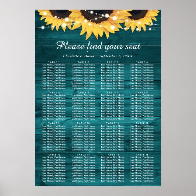 Teal Sunflower Wedding Table Plan 16 Poster (Front)