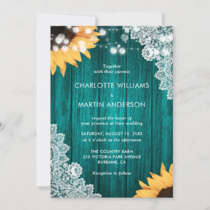 Teal Sunflower Wood Floral Lace Wedding Invitation