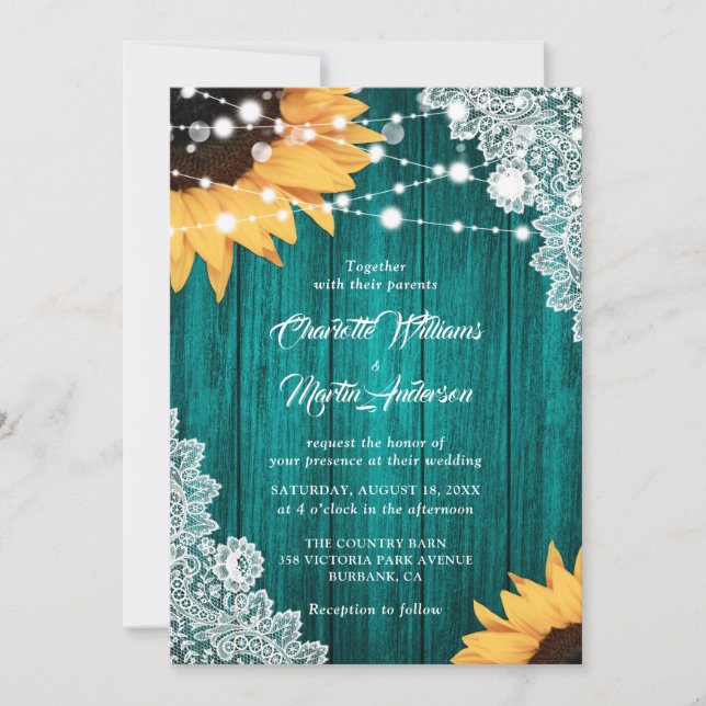 Teal Sunflower Wood Floral Lace Wedding Invitation (Front)