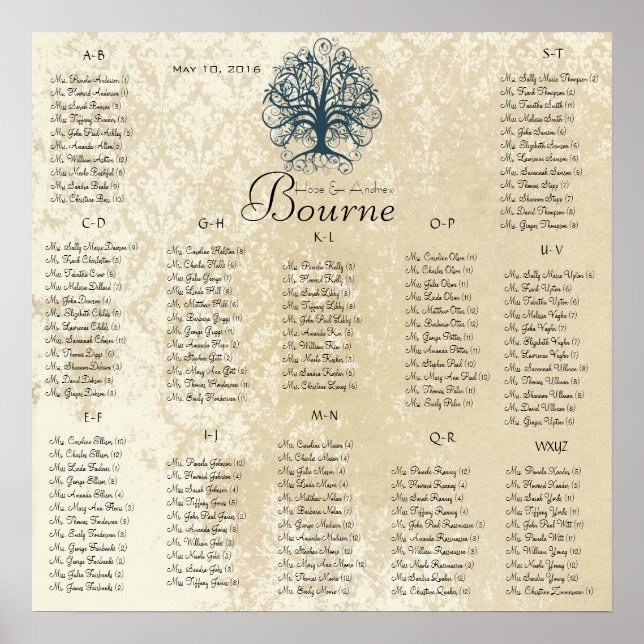 Teal Swirl Tree -100 to 150 guests - alphabetical Poster (Front)
