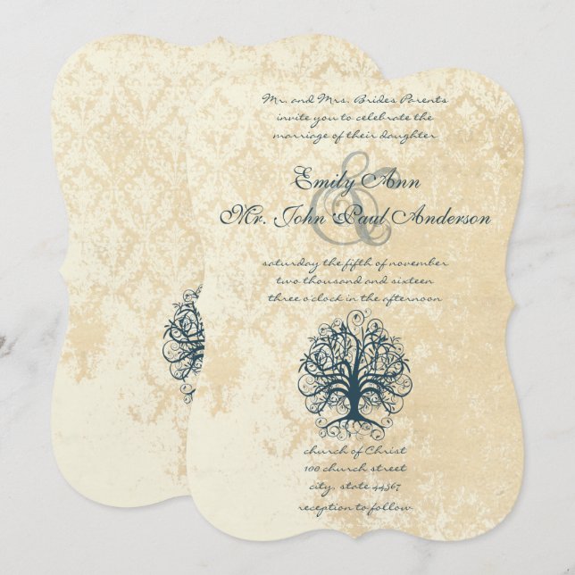 Teal Swirl Tree Lace Damask Wedding Invitations (Front/Back)