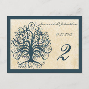 Teal Swirl Tree Table Number Cards