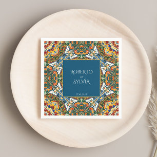 Teal talavera vintage Mexican wedding monogrammed Napkin