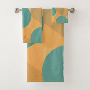 Teal, Tan, and Orange in Retro Look Pattern Bath Towel Set