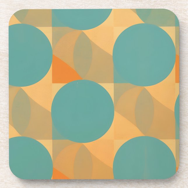 Teal, Tan, and Orange in Retro Look Pattern Coaster (Front)