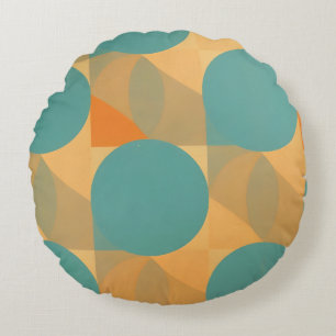 Teal, Tan, and Orange in Retro Look Pattern Round Cushion
