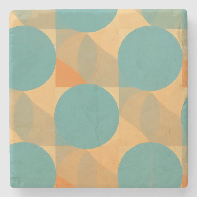 Teal, Tan, and Orange in Retro Look Pattern Stone Coaster (Front)