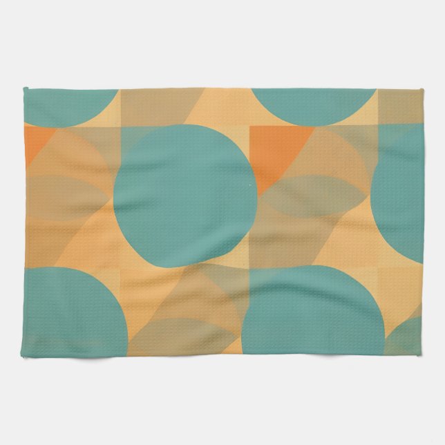 Teal, Tan, and Orange in Retro Look Pattern Tea Towel (Horizontal)