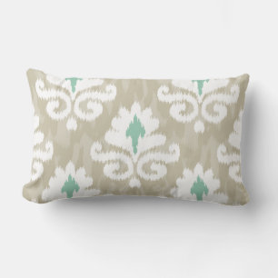 Teal & Taupe Ikat Turquoise Ethnic Boho Print Lumbar Cushion