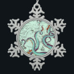 Teal Tentacles On Teal Vintage Map Snowflake Pewter Christmas Ornament<br><div class="desc">octopus art</div>