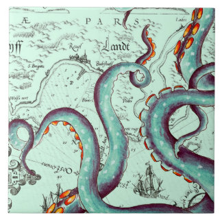 Teal Tentacles On Teal Vintage Map Tile