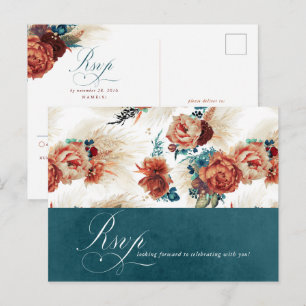 Teal Terracotta Floral Boho Wedding RSVP Postcard