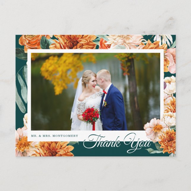 Teal Terracotta Floral Wedding Photo Thank You Postcard (Front)