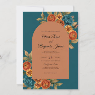 Teal Terracotta Flower Eucalyptus Wedding Invitation