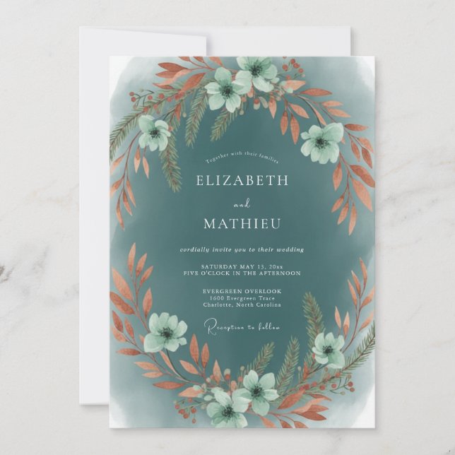 Teal Terracotta Leafy Wedding Invitation (Front)