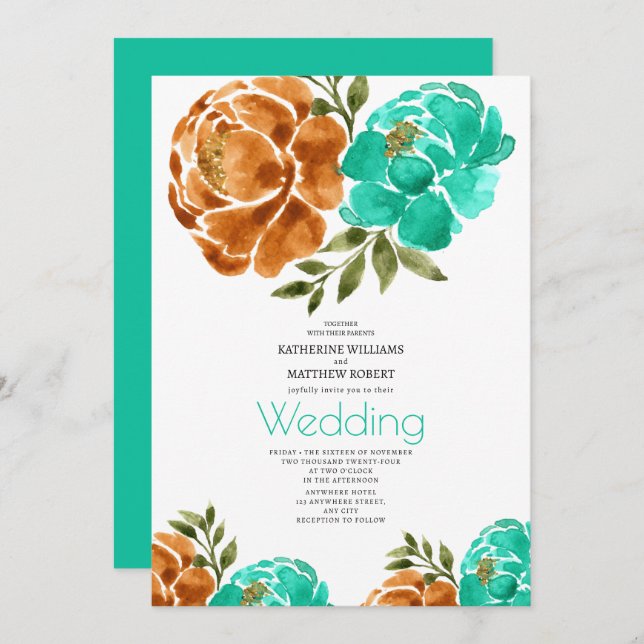 Teal Terracotta Watercolor Floral Boho  Invitation (Front/Back)