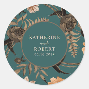 Teal terracotta watercolor floral fall wedding  classic round sticker