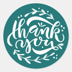 Teal Thank You Modern Calligraphy Wreath Classic Round Sticker