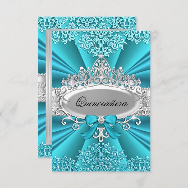 Teal Tiara Damask Quinceanera party Invite (Front/Back)