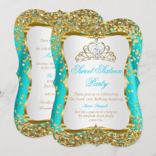 Teal Tiara Princess Sweet 16 Gold White Invite