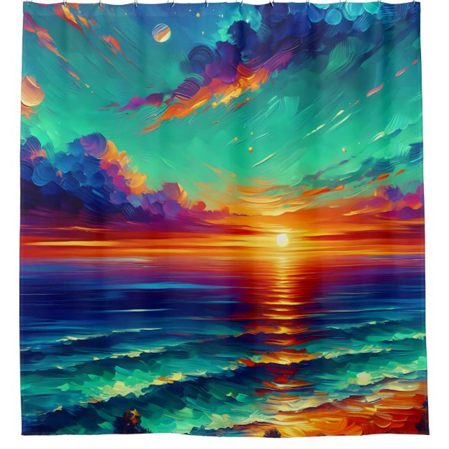 “Teal Tide: Ocean Sunset Glow” Shower Curtain (Front)