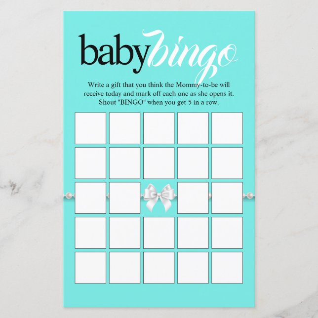 Teal Tiffany Theme Baby Bingo Baby Shower Game (Front)