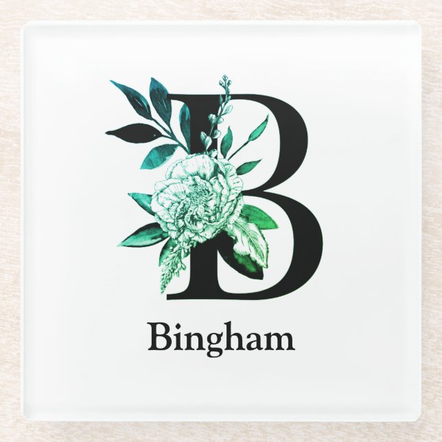 Teal Tint Floral Monogram Letter B Glass Coaster (Front)