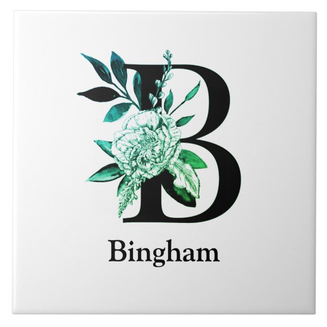 Teal Tint Floral Monogram Letter B Tile (Front)