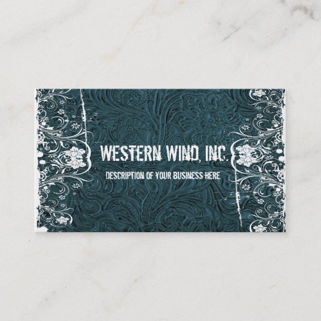 Teal Tooled Leather and Lace Business Card (Front)