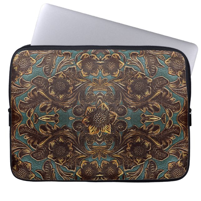 Teal Tooled Leather Laptop Sleeve (Front)