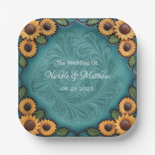 Teal Tooled Leather Sunflower Border Wedding Paper Plate