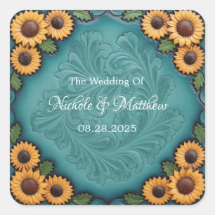 Teal Tooled Leather Sunflower Border Wedding Square Sticker