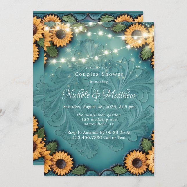 Teal Tooled Leather Sunflower Couples Shower Invitation (Front/Back)