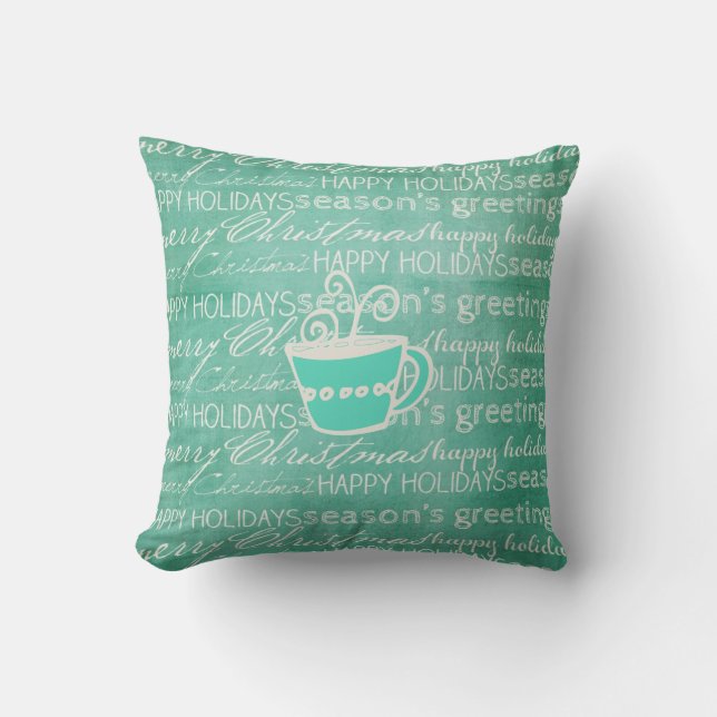 Teal Topography Hot Chocolate Holiday Pillow (Front)