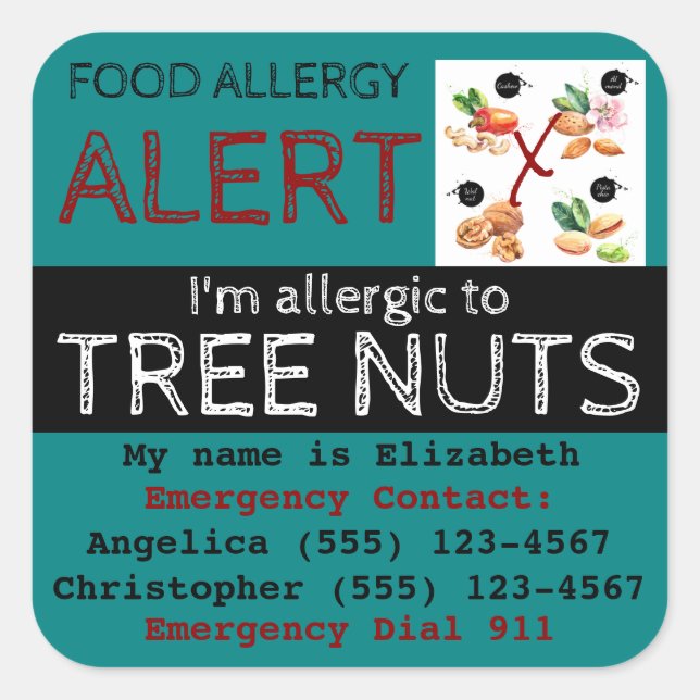 Teal Tree Nut Food Allergy Alert Sticker Label (Front)