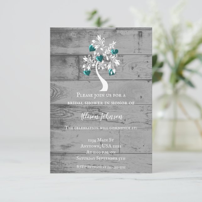 Teal Tree of Hearts Bridal Shower Invite (Standing Front)