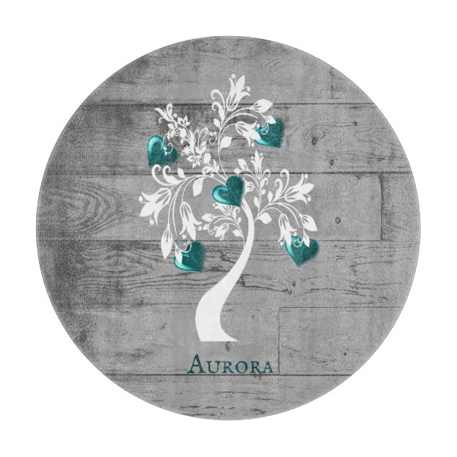 Teal Tree of Hearts Personalised Cutting Board (Front)