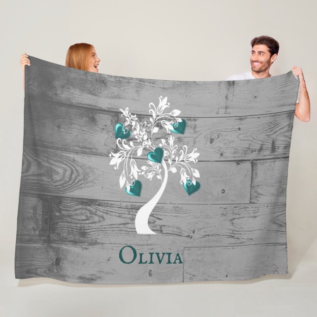 Teal Tree of Hearts Personalised Fleece Blanket (In Situ)