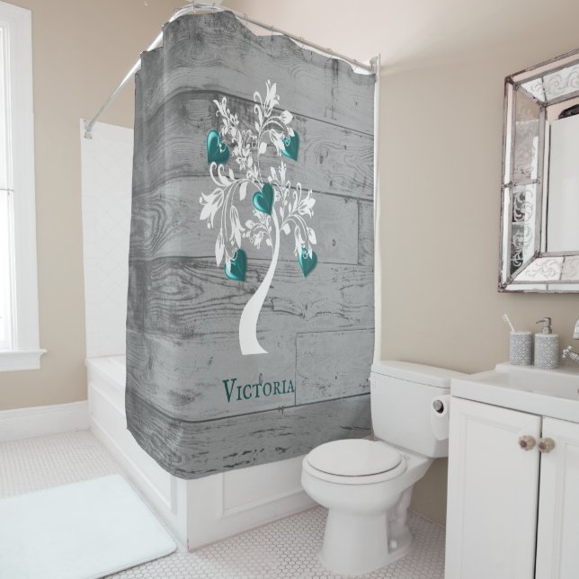 Teal Tree of Hearts Personalised Shower Curtain (In Situ)