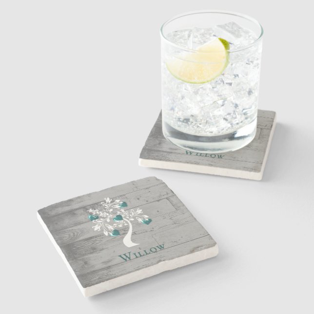 Teal Tree of Hearts Personalised Stone Coaster (Side)