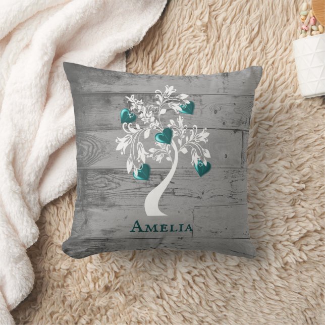 Teal Tree of Hearts Personalised Throw Pillow (Blanket)