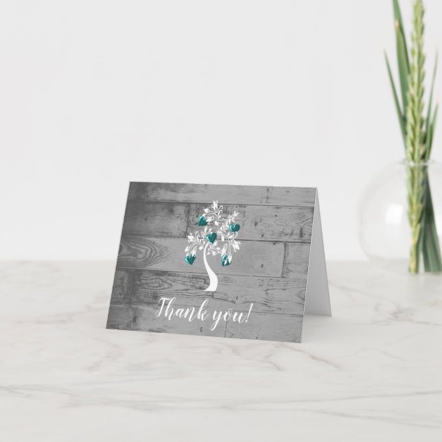 Teal Tree of Hearts Wedding Thank You Cards (Front)